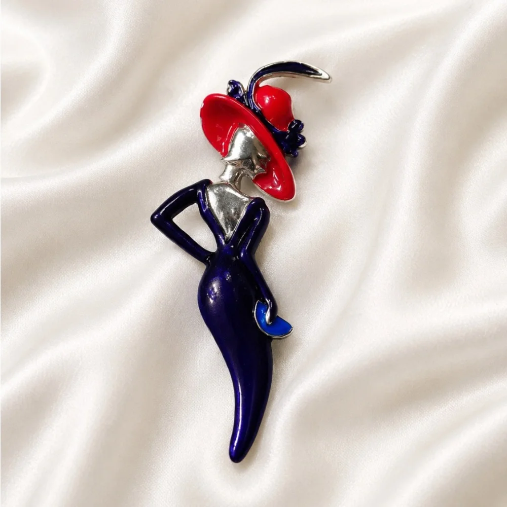 Elegant Woman Silhouette Enamel Brooch - Red Hat & Navy Dress